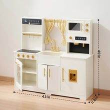 Load image into Gallery viewer, White toy kitchen set with gold accents on a wooden floor, dimensions indicated.