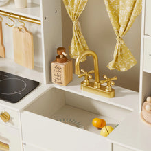 Load image into Gallery viewer, Play kitchen set with gold faucet, wooden soap dispenser, and yellow curtains.