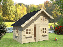 Load image into Gallery viewer, Wooden Kids Playhouse DIY Kit Little Clubhouse in natural color and black roof in the backyard on green grass by WholeWoodPlayhouses
