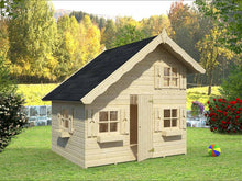 Load image into Gallery viewer, Wooden Kids Playhouse DIY Kit Little Clubhouse in natural color and black roof in the backyard on green grass by WholeWoodPlayhouses