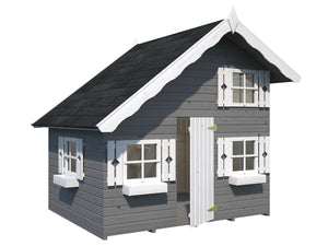 Front outside view of Kids Playhouse DIY Kit Little Clubhouse in gray with white flower boxes and door by WholeWoodPlayhouses