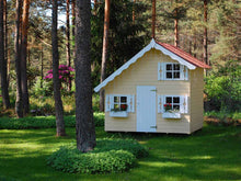 Load image into Gallery viewer, Kids Playhouse DIY Kit Little Clubhouse in yellow with white window shutters and red roof in the backyard by WholeWoodPlayhouses