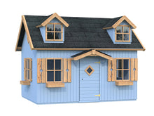 Load image into Gallery viewer, Front outside view of assembled wooden kids playhouse DIY Kit Little Farmhouse in blue and natural| outdoor playhouse DIY kit by WholeWoodPlayhouses

