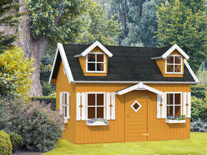 Front outside view of assembled wooden kids playhouse DIY Kit Little Farmhouse in orange and white| outdoor playhouse DIY kit by WholeWoodPlayhouses