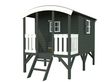 Load image into Gallery viewer, Kids Outdoor Playhouse DIY Kit Little Bungalow  in dark gray and white on stilts with white background by WholeWoodPlayhouses