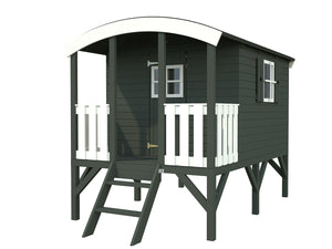 Kids Outdoor Playhouse DIY Kit Little Bungalow  in dark gray and white on stilts with white background by WholeWoodPlayhouses