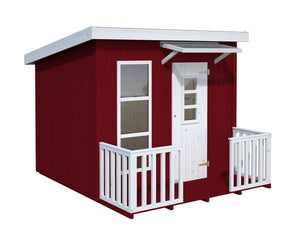 Wooden Playhouse DIY Playhouse Kit Little Cabin  in red and white with wooden terrace and railing by WholeWoodPlayhouses
