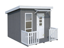 Load image into Gallery viewer, Wooden Outdoor DIY Playhouse Kit Little Cabin in gray and white with window, door   with small roof by WholeWoodPlayhouses