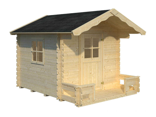 Outside of assembled wooden kids playhouse DIY Kit Little Chalet on white background| outdoor playhouse DIY kit by WholeWoodPlayhouses