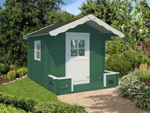 Load image into Gallery viewer, Kids Wooden Playhouse DIY Kit Little Chalet in white and dark green color in the backyard by WholeWoodPlayhouses