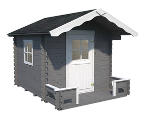 Kids Wooden Playhouse DIY Kit Little Chalet in white and gray on the white backround by WholeWoodPlayhouses