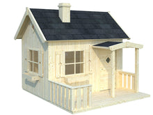 Load image into Gallery viewer, Outside of assembled wooden kids playhouse DIY Kit Little Cottage on white background | outdoor playhouse DIY kit by WholeWoodPlayhouses