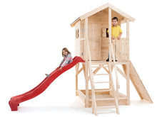 Load image into Gallery viewer, Kid sliding down Little Tower DIY Playhouse slide on white background | DIY kids playhouse kits by WholeWoodPlayhouses