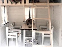 Load image into Gallery viewer, Inside Kids Playhouse Arctic Nario New Farmhouse Style Playhouse, Black And White Style Furniture of Kids Playhouse, One Bench, Two Chairs, Table by WholeWoodPlayhouses