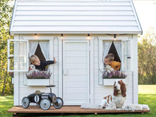 Load image into Gallery viewer, Boys Playing Inside Playhouse Arctic Nario, Black And White Farmhouse Style Outdoor Playhouse by WholeWoodPlayhouses
