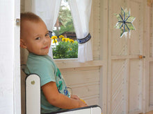 Load image into Gallery viewer, Boy inside Kids Playhouse Cornflower | painted inside of Wooden Playhouse Cornflower by WholeWoodPlayhouses