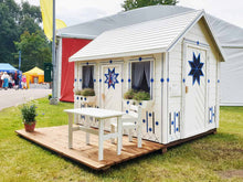Load image into Gallery viewer, Outside of Kids Playhouse Cornflower | white and blue playhouse by WholeWoodPlayhouses