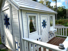 Load image into Gallery viewer, Close up of the front windows and door of Kids Outdoor Playhouse Cornflower by WholeWoodPlayhouses
