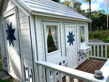 Load image into Gallery viewer, Close up of the front windows and door of Kids Outdoor Playhouse Cornflower by WholeWoodPlayhouses