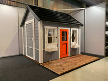Load image into Gallery viewer, Gray Color Wooden Playhouse With Open Windows And Black Roof By WholeWoodPlayhouses