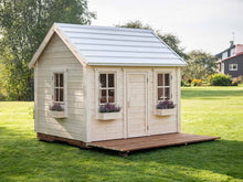 Load image into Gallery viewer, Kids Playhouse Natural Wonder in Garden, View from Left, showing Three Windows with Flower Boxes by WholeWoodPlayhouses