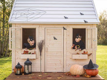 Load image into Gallery viewer, Kids Outdoor Playhouse Natural Wonder Decorated for Halloween, Two Boys Looking Out From Windous by WholeWoodPlayhouses
