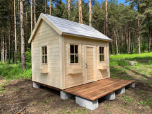 Load image into Gallery viewer, Wooden Playhouse Natural Wonder in the forest, View from Left, showing Three Windows with Flower Boxes by WholeWoodPlayhouses
