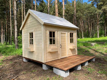 Load image into Gallery viewer, Wooden Playhouse Natural Wonder in the forest, View from Left, showing Three Windows with Flower Boxes by WholeWoodPlayhouses