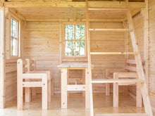 Load image into Gallery viewer, Kids Playhouse Natural Wonder from the inside, showing safety glass windows, kids furniture, Ladder to Loft , terrace by WholeWoodPlayhouses