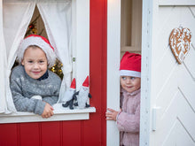 Load image into Gallery viewer, Kids waiting for Santa Claus inside Kids Playhouse Nordic Nario| red Outdoor Playhouse by WholeWoodPlayhouses