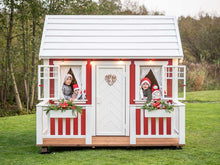 Load image into Gallery viewer, Kids looking through the windows of Kids Playhouse Nordic Nario by WholeWoodPlayhouses
