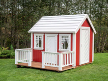 Load image into Gallery viewer, Red and white Outdoor Kids Playhouse Nordic Nario With two White Wooden doors, Metal Roof, Wooden Terrace And White Wooden Railing On Green Lawn by WholeWoodPlayhouses
