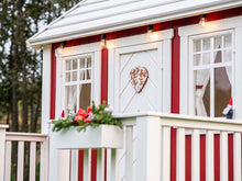 Load image into Gallery viewer, Close up of the wooden terrace and white wooden fence of Kids Playhouse Nordic Nario by WholeWoodPlayhouses