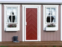 Load image into Gallery viewer, Kids Outdoor Playhouse Plum with wooden terrace and red herringbone door by WholeWoodPlayhouses