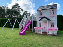 Load image into Gallery viewer, 2- story Wooden Playhouse Princess with pink slide, wooden balcony and sandbox by WholeWoodPlayhouses