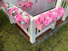 Load image into Gallery viewer, 2-Story wooden playhouse Princess close up of the wooden porch with white railing with pink flower boxes by WholeWoodPlayhouses