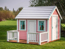 Load image into Gallery viewer, Pink Outdoor Playhouse Unicorn with white roof, wooden terrace and white wooden fence on green lawn by WholeWoodPlayhouses
