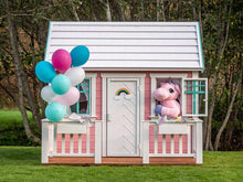 Load image into Gallery viewer, Front outside view of pink Kids Playhouse Unicorn by WholeWoodPlayhouses