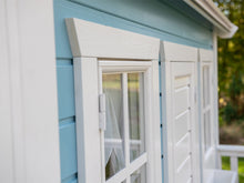 Load image into Gallery viewer, Close Up Of Front Windows and door Of Kids white and blue Wooden Playhouse Bluebird By WholeWoodPlayhouses