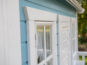 Close Up Of Front Windows and door Of Kids white and blue Wooden Playhouse Bluebird By WholeWoodPlayhouses