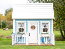 Load image into Gallery viewer, Decorated White and Blue Outdoor Kids Playhouse Bluebird With flower boxes and Wooden Terrace by WholeWoodPlayhouses

