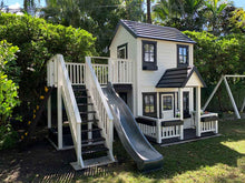 Load image into Gallery viewer, 2- story Wooden Playhouse Prince with gray slide, climbing wall, wooden terrace and flower boxes by WholeWoodPlayhouses