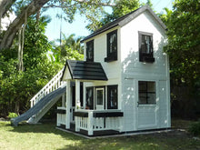 Load image into Gallery viewer, 2- story white and black Wooden Playhouse Prince rigt view by WholeWoodPlayhouses