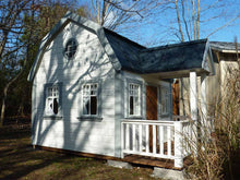 Load image into Gallery viewer, Left View of Kids Playhouse Grand Farmhouse White and Light Gray Outdoor Playhouse With Terrace And White Railings, Brown Fishbone Style Wooden Door Assembled by WholeWoodPlayhouses
