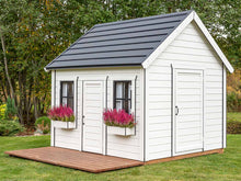 Load image into Gallery viewer, Kids Playhouse Arctic Auk, White Walls, Black Roof, Flower boxes, With Wooden Terrace by WholeWoodPlayhouses