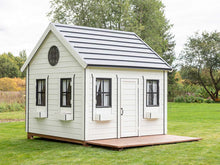 Load image into Gallery viewer, Kids Playhouse Arctic Auk With Wooden Terrace and top round window In Garden Black and White Outdoor Playhouse by WholeWoodPlayhouses
