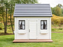Load image into Gallery viewer, Close up of front side with two windows, flower boxes and white door of Kids Wooden Outdoor Playhouse Arctic Auk by WholeWoodPlayhouses