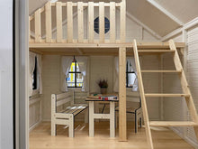 Load image into Gallery viewer, Inside of Kids Playhouse Arctic Auk, Ladder to Loft, Safety Railing, Kids Furniture, Curtains by WholeWoodPlayhouses