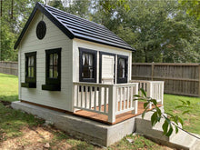 Load image into Gallery viewer, White and black Kids Outdoor Playhouse Blackbird, Black roof, Flower Boxes, Terrace, White Railing by WholeWoodPlayhouses