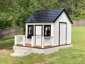 Kids Outdoor Playhouse Blackbird with Black Roof, Wooden Terrace and White Railing on the Backyard by WholeWoodPlayhouses